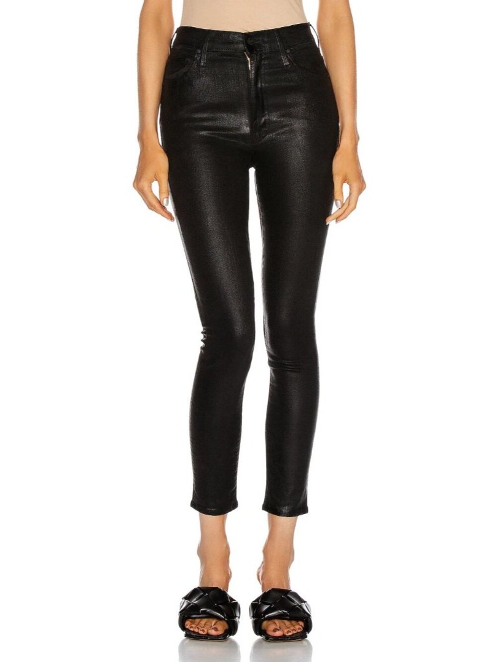 MOTHER The Swooner Ankle Skinny Black Wash Wet Paint Wax Coat Jeans - USA